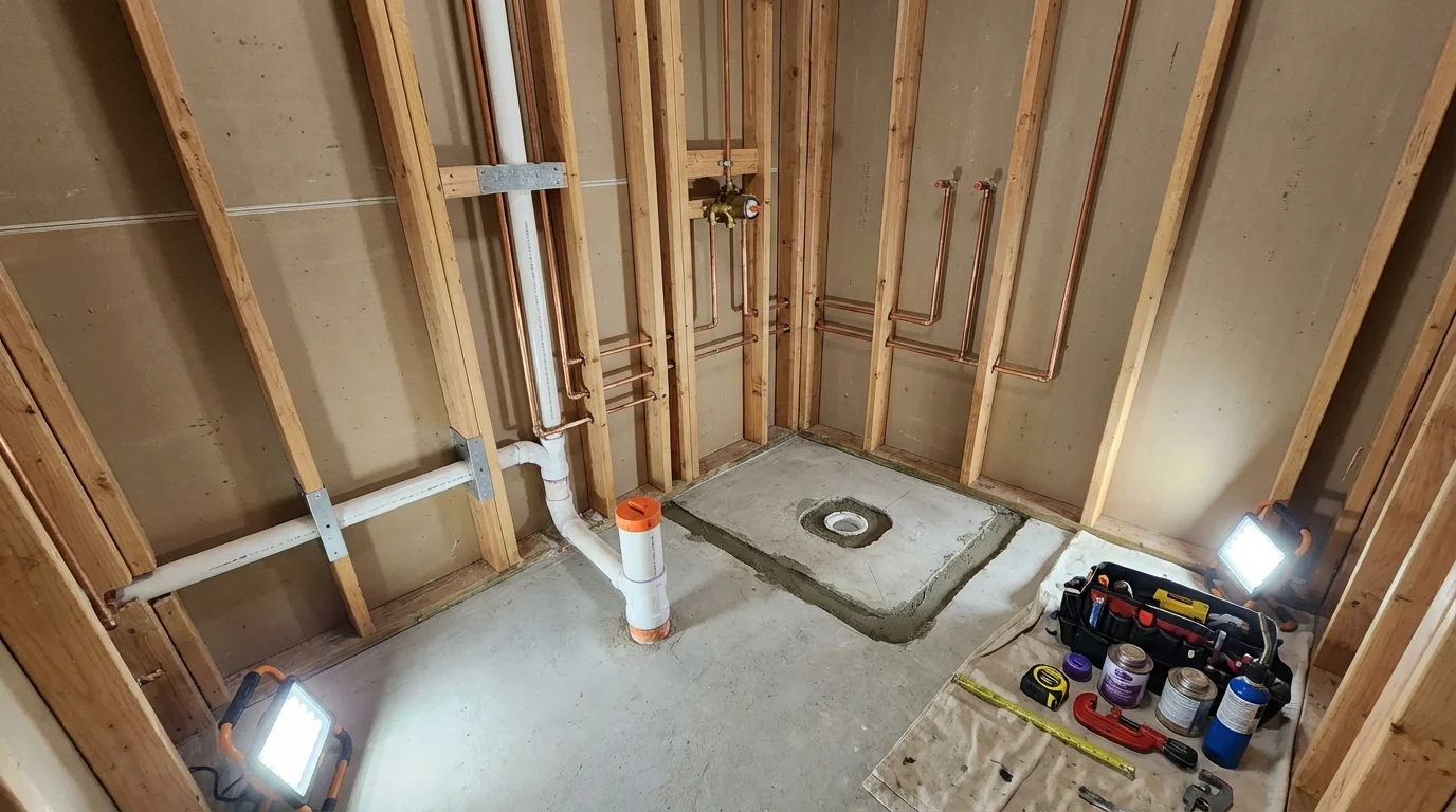 Bathroom rough-in plumbing during remodel by Johns Plumbing LLC in Saint Gabriel