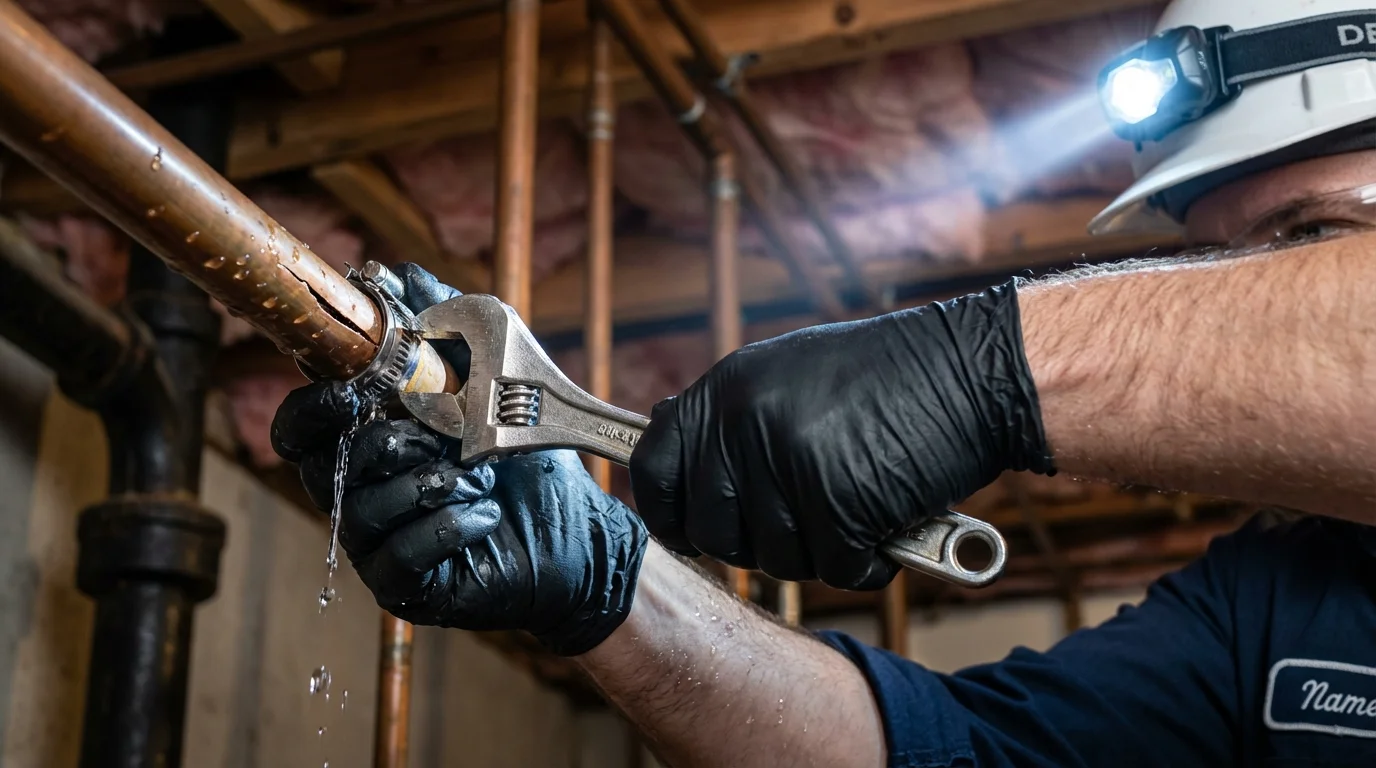 Emergency pipe clamp repair being performed by a Johns Plumbing LLC plumber in Saint Gabriel