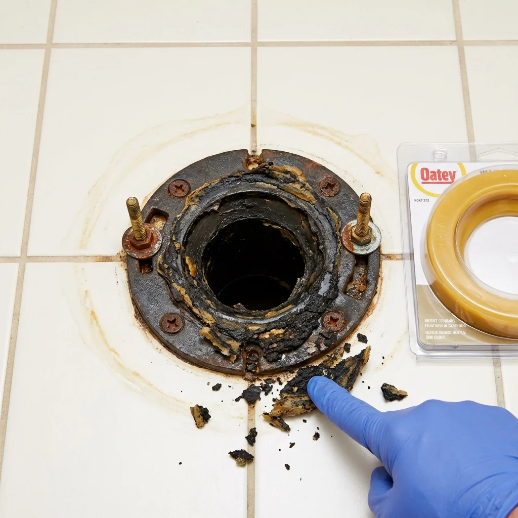 Failed wax ring showing water seepage at the base of a toilet in a Saint Gabriel, LA home