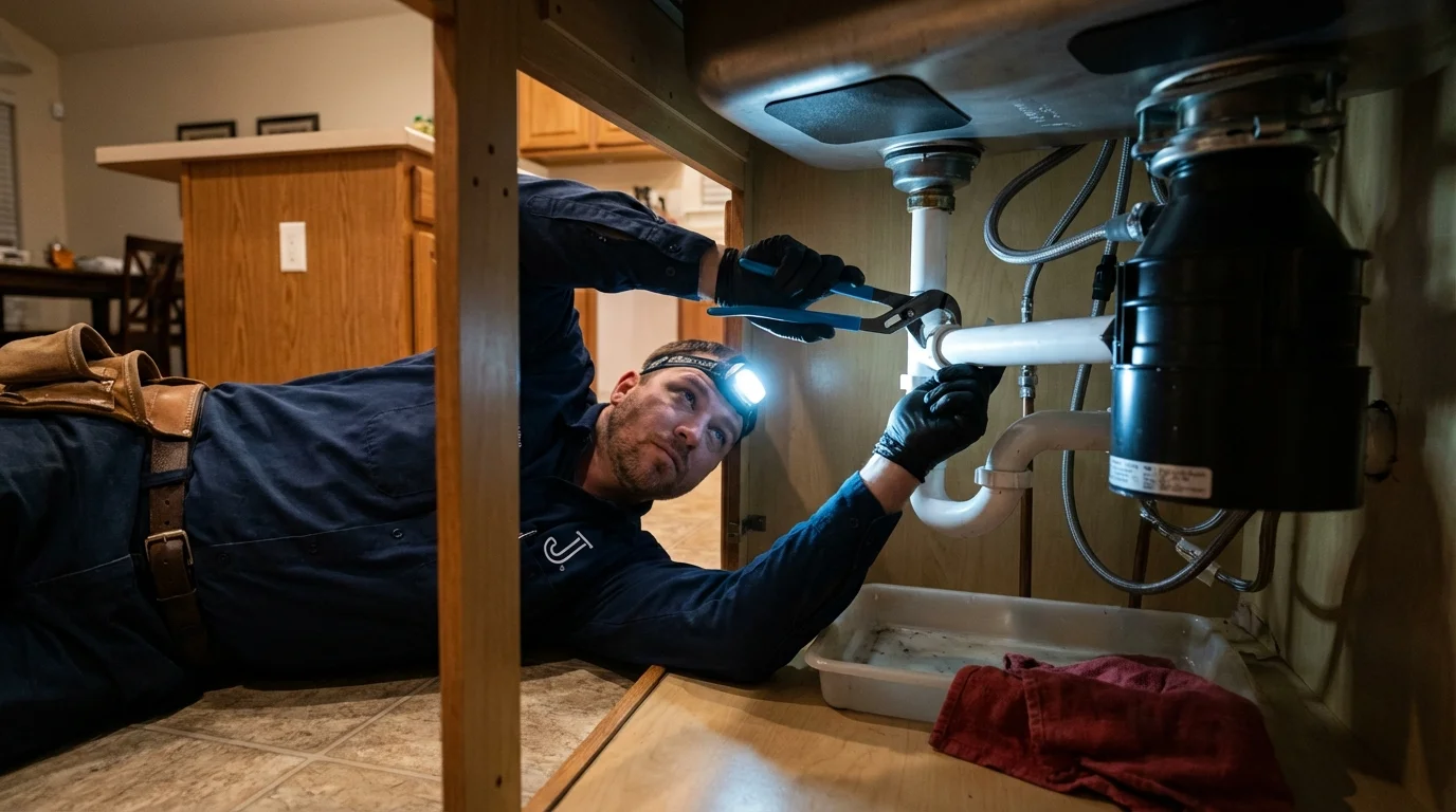 P-trap and supply line connections under a kitchen sink showing a common leak point in Saint Gabriel, LA